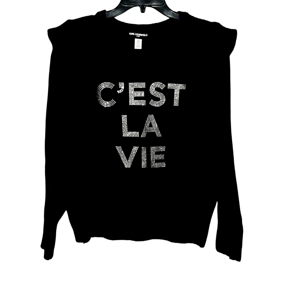 Karl Lagerfeld Paris Women’s Sz L Pullover Sweater Black Ruffle “C’est La Vie”